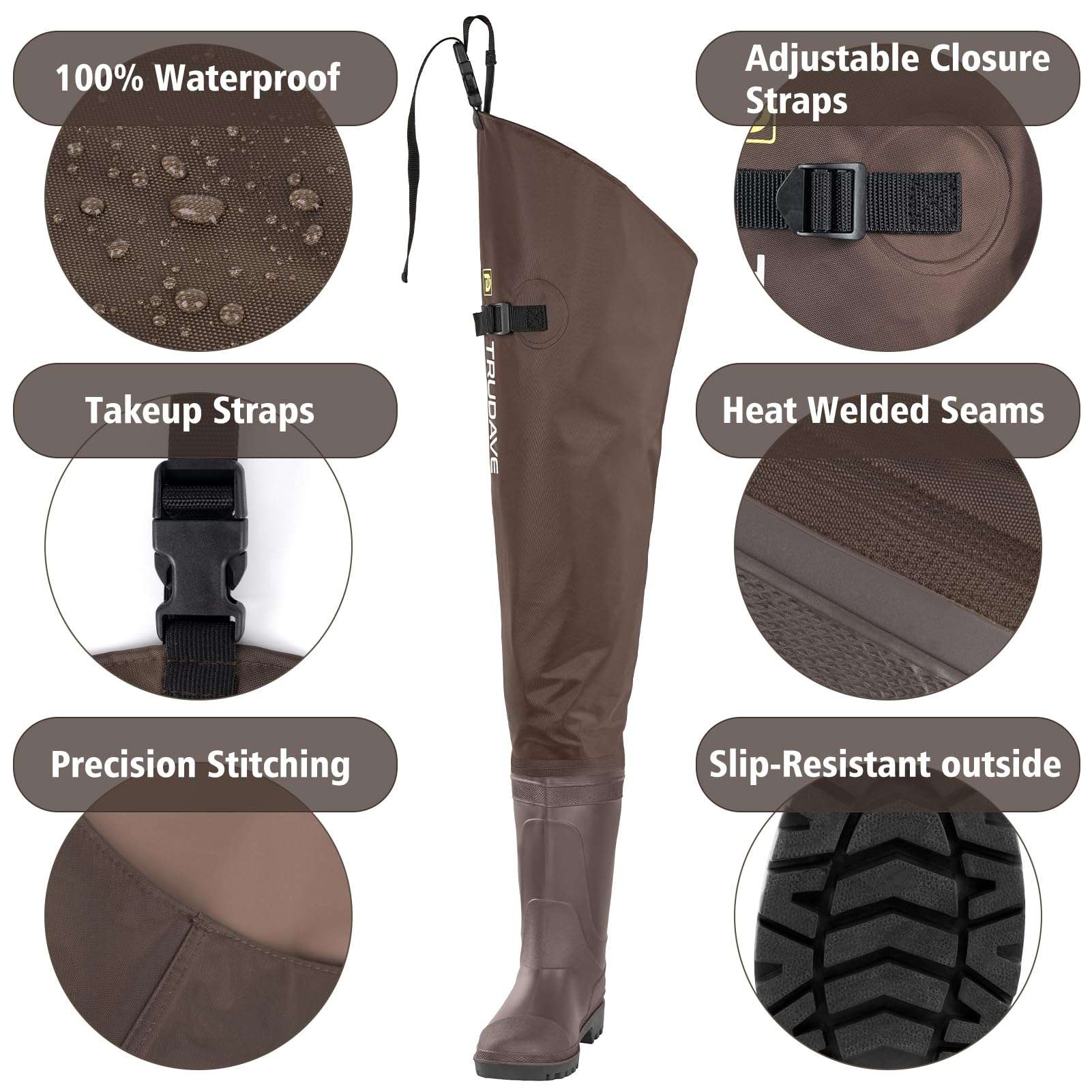 alt="Close-up of Trudave StreamFlex Series hip waterproof waders with boots showing 100% waterproof construction, takeup straps, precision stitching, adjustable closure straps, heat-welded seams, and slip-resistant outsole for fishing and outdoor use"